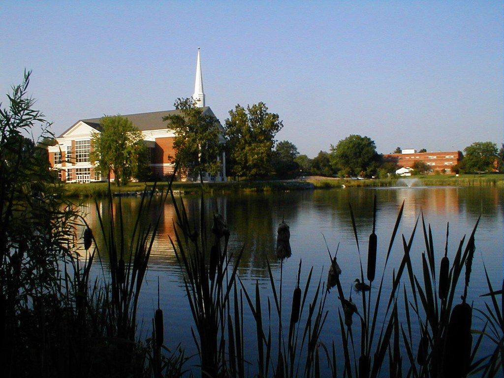 Leffler Chapel reflected in the campus lake at Elizabethtown College